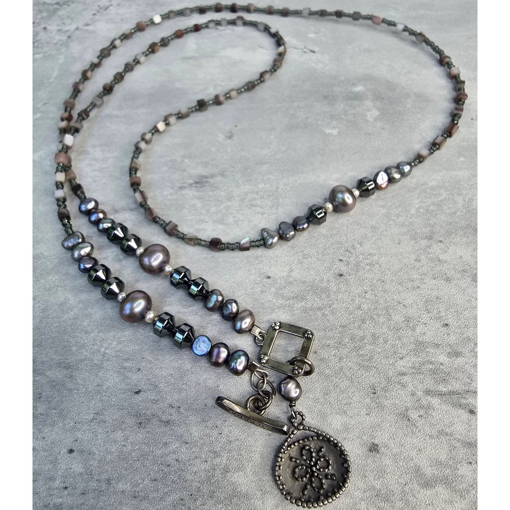 Silpada Sterling Silver 925 Grey Pearl Hematite Beaded Toggle Necklace 36 Inch